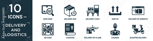 filled delivery and logistics icon set. contain flat bar code, delivery day, delivery x ray, side up, delivery by website, qr code, charter, by plane, courier, scooter icons in editable format..