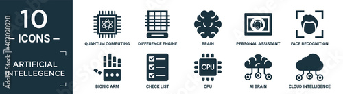 filled artificial intellegence icon set. contain flat quantum computing, difference engine, brain, personal assistant, face recognition, bionic arm, check list, cpu, ai brain, cloud intelligence.
