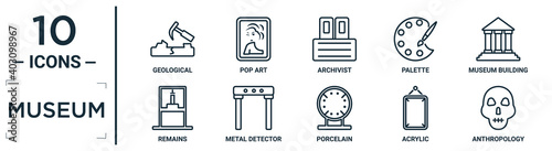 museum linear icon set. includes thin line geological, archivist, museum building, metal detector, acrylic, anthropology, remains icons for report, presentation, diagram, web design