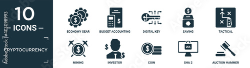 filled cryptocurrency icon set. contain flat economy gear, budget accounting, digital key, saving, tactical, mining, investor, coin, sha 2, auction hammer icons in editable format..