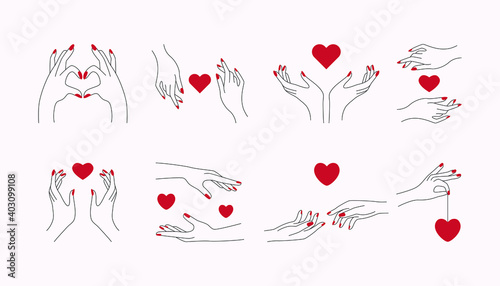 Abstract minimal hands set. Love heart shapes with female fingers, feminine linear art, outline beauty tattoo. Doodle vector illustration