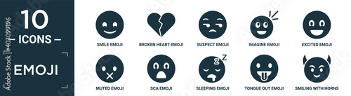filled emoji icon set. contain flat smile emoji, broken heart emoji, suspect imagine excited muted sca sleeping tongue out smiling with horns icons in editable format..
