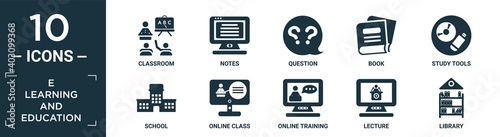 filled e learning and education icon set. contain flat classroom, notes, question, book, study tools, school, online class, online training, lecture, library icons in editable format..