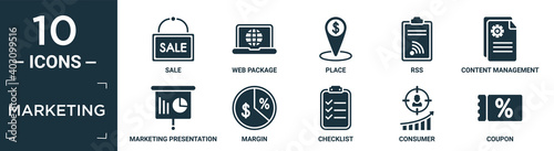 filled marketing icon set. contain flat sale, web package, place, rss, content management, marketing presentation, margin, checklist, consumer, coupon icons in editable format..