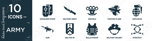 filled army icon set. contain flat shoulder strap, military knife, knuckle, fighter plane, explosive, gun, militar in, bulletproof, military helmet, strategy icons in editable format..