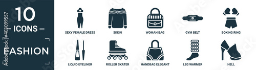 filled fashion icon set. contain flat sexy female dress, skein, woman bag, gym belt, boxing ring, liquid eyeliner, roller skater, handbag elegant de, leg warmer, hell icons in editable format..