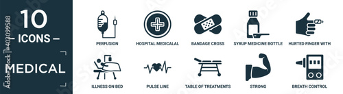 filled medical icon set. contain flat perfusion, hospital medicalal of a cross in a circle, bandage cross, syrup medicine bottle, hurted finger with bandage, illness on bed, pulse line, table of.