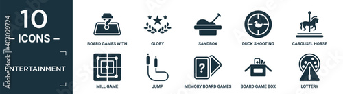 filled entertainment icon set. contain flat board games with roles, glory, sandbox, duck shooting, carousel horse, mill game, jump, memory board games, board game box, lottery icons in editable.
