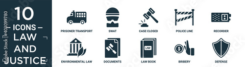 filled law and justice icon set. contain flat prisoner transport vehicle, swat, case closed, police line, recorder, environmental law, documents, law book, bribery, defense icons in editable format..