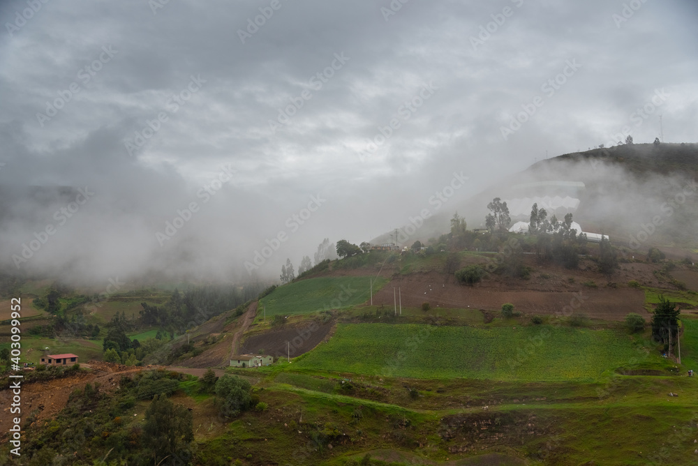 Mist among the Colombian country landscape in the department of Boyacá.