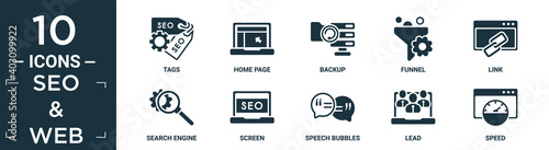 filled seo & web icon set. contain flat tags, home page, backup, funnel, link, search engine, screen, speech bubbles, lead, speed icons in editable format..