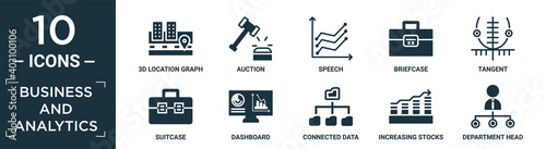 filled business and analytics icon set. contain flat 3d location graph, auction, speech, briefcase, tangent, suitcase, dashboard, connected data, increasing stocks, department head icons in editable.