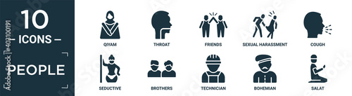 filled people icon set. contain flat qiyam, throat, friends, sexual harassment, cough, seductive, brothers, technician, bohemian, salat icons in editable format..