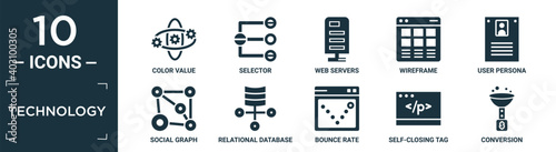filled technology icon set. contain flat color value, selector, web servers, wireframe, user persona, social graph, relational database management system, bounce rate, self-closing tag, conversion.
