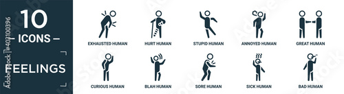 filled feelings icon set. contain flat exhausted human, hurt human, stupid human, annoyed great curious blah sore sick bad icons in editable format..