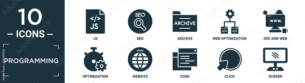 Obraz premium filled programming icon set. contain flat js, seo, archive, web optimization, seo and web, optimization, website, code, click, screen icons in editable format..