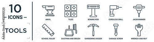 tools linear icon set. includes thin line anvil, boning rod, jackhammer, dustpan and brush, garage screw, wrench and nut, school ruler icons for report, presentation, diagram, web design