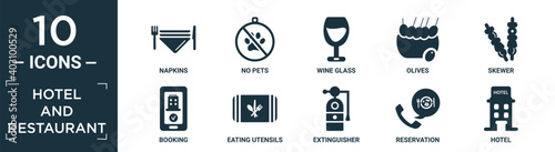 filled hotel and restaurant icon set. contain flat napkins, no pets, wine glass, olives, skewer, booking, eating utensils, extinguisher, reservation, hotel icons in editable format..