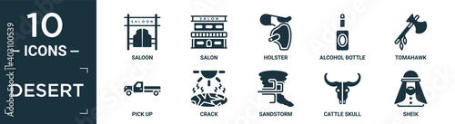 filled desert icon set. contain flat saloon, salon, holster, alcohol bottle, tomahawk, pick up, crack, sandstorm, cattle skull, sheik icons in editable format.. photo