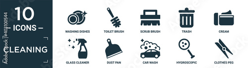 filled cleaning icon set. contain flat washing dishes, toilet brush, scrub brush, trash, cream, glass cleaner, dust pan, car wash, hygroscopic, clothes peg icons in editable format..
