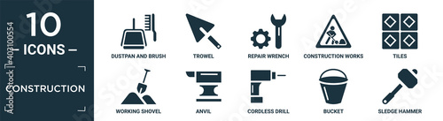 filled construction icon set. contain flat dustpan and brush, trowel, repair wrench, construction works, tiles, working shovel, anvil, cordless drill, bucket, sledge hammer icons in editable format..