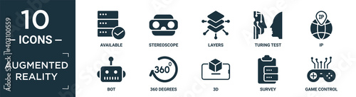 filled augmented reality icon set. contain flat available, stereoscope, layers, turing test, ip, bot, 360 degrees, 3d, survey, game control icons in editable format..