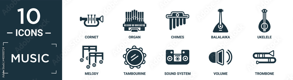 filled music icon set. contain flat cornet, organ, chimes, balalaika, ukelele, melody, tambourine, sound system, volume, trombone icons in editable format..