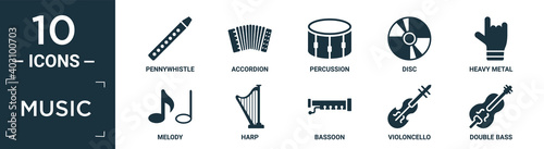 filled music icon set. contain flat pennywhistle, accordion, percussion, disc, heavy metal, melody, harp, bassoon, violoncello, double bass icons in editable format..