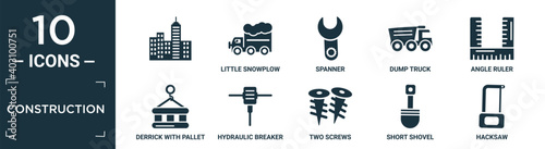 filled construction icon set. contain flat , little snowplow, spanner, dump truck, angle ruler, derrick with pallet, hydraulic breaker, two screws, short shovel, hacksaw icons in editable format..