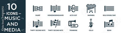 filled music and media icon set. contain flat sharp, hemidemisemiquaver, alto clef, marimba, bold double bar line, thirty second note, thirty second note rest, trombone, cello, beam icons in.