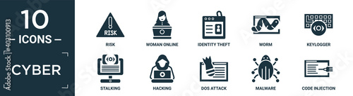 filled cyber icon set. contain flat risk, woman online, identity theft, worm, keylogger, stalking, hacking, dos attack, malware, code injection icons in editable format..