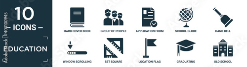 filled education icon set. contain flat hard cover book, group of people, application form, school globe, hand bell, window scrolling left, set square, location flag, graduating, old school icons in.