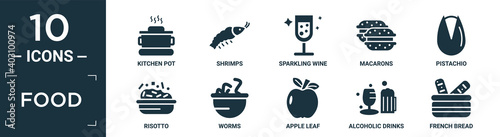 filled food icon set. contain flat kitchen pot, shrimps, sparkling wine, macarons, pistachio, risotto, worms, apple leaf, alcoholic drinks, french bread icons in editable format..