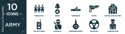 filled army icon set. contain flat terracotta, medal, submarine, pistol, camouflage military clothing, two way radio, guerrilla, submarine front view, radiation, conscription icons in editable.