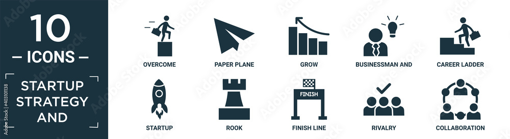 filled startup strategy and icon set. contain flat overcome, paper plane, grow, businessman and strategy, career ladder, startup, rook, finish line, rivalry, collaboration icons in editable format..