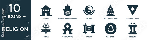 filled religion icon set. contain flat temple, semitic neopaganism, taoism, wat phrakaew, star of david, shiva, synagogue, torah, wat saket, tribune icons in editable format..