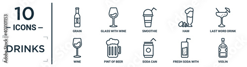 drinks linear icon set. includes thin line grain  smoothie  last word drink  pint of beer  fresh soda with lemon slice and straw  violin  wine icons for report  presentation  diagram  web design