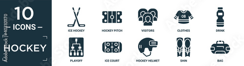 filled hockey icon set. contain flat ice hockey, hockey pitch, visitors, clothes, drink, playoff, ice court, helmet, shin, bag icons in editable format..
