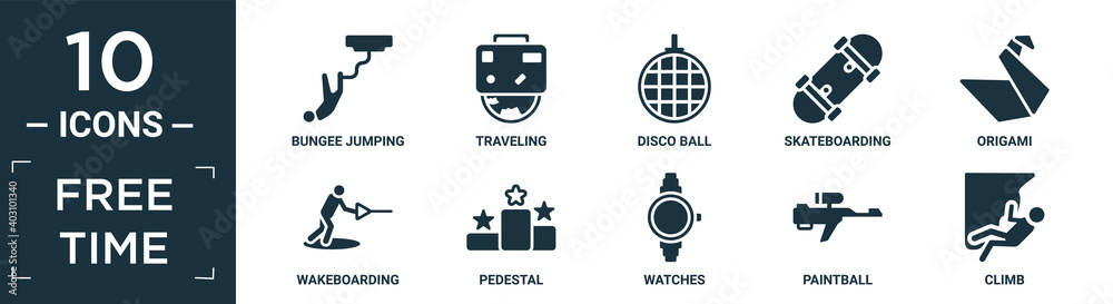 filled free time icon set. contain flat bungee jumping, traveling, disco ball, skateboarding, origami, wakeboarding, pedestal, watches, paintball, climb icons in editable format..