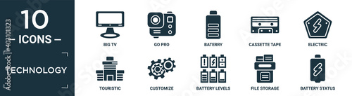 filled technology icon set. contain flat big tv, go pro, baterry, cassette tape, electric, touristic, customize, battery levels, file storage, battery status icons in editable format..