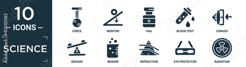 filled science icon set. contain flat force, newton, vial, blood test, convex, seesaw, beaker, refraction, eye protector, radiation icons in editable format..