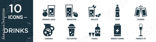 filled drinks icon set. contain flat orange juice, smoothie, mojito, coke, cheers, sangria, ice coffee, vodka, energy drink, french 75 icons in editable format..
