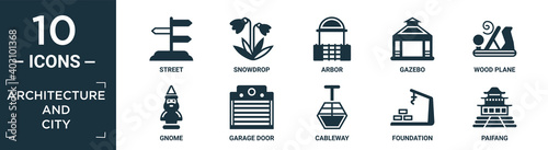 filled architecture and city icon set. contain flat street, snowdrop, arbor, gazebo, wood plane, gnome, garage door, cableway, foundation, paifang icons in editable format..