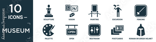 filled museum icon set. contain flat sculpture, vision, painting, excursion, fencing, palette, open, restroom, postcards, roman or greek helmet icons in editable format..