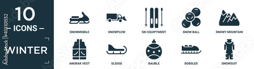 filled winter icon set. contain flat snowmobile, snowplow, ski equiptment, snow ball, snowy mountain, anorak vest, sledge, bauble, bobsled, snowsuit icons in editable format..
