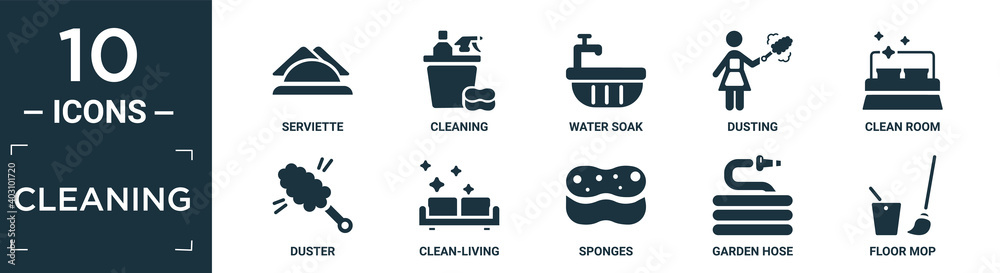 filled cleaning icon set. contain flat serviette, cleaning, water soak, dusting, clean room, duster, clean-living, sponges, garden hose, floor mop icons in editable format.. - obrazy, fototapety, plakaty 