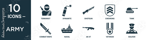 filled army icon set. contain flat terrorist, dynamite, shotgun, chevrons, tank, combat knife, naval, ak 47, veteran, soldier icons in editable format..