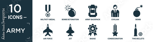 filled army icon set. contain flat militaty medal, bomb detonation, army backpack, civilian, bomb, air force, jet, badge, condecoration, two bullets icons in editable format..