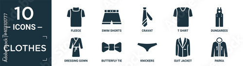 filled clothes icon set. contain flat fleece, swim shorts, cravat, t shirt, dungarees, dressing gown, butterfly tie, knickers, suit jacket, parka icons in editable format..