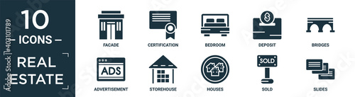 filled real estate icon set. contain flat facade, certification, bedroom, deposit, bridges, advertisement, storehouse, houses, sold, slides icons in editable format..